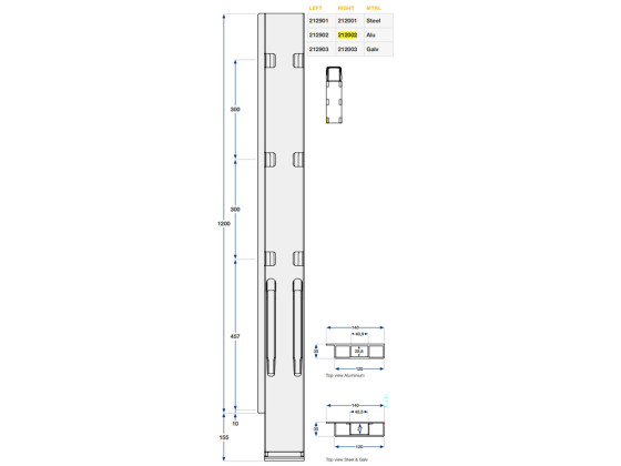 Bakstolpe høyre bd alu 1200mm K20