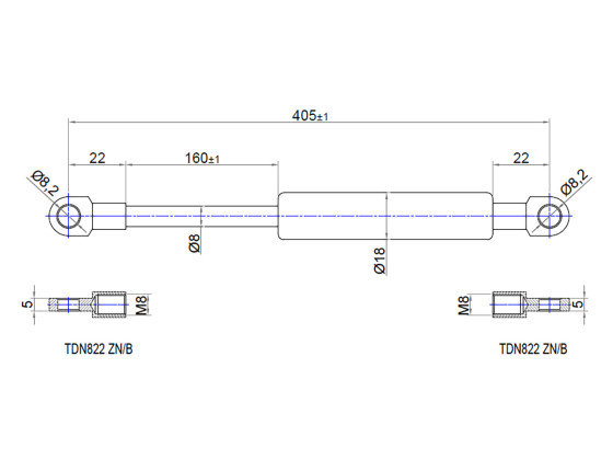 Gas spring 200N, cylinder 22mm - Piston rod 8mm, stroke 160mm - Total lenght 405mm