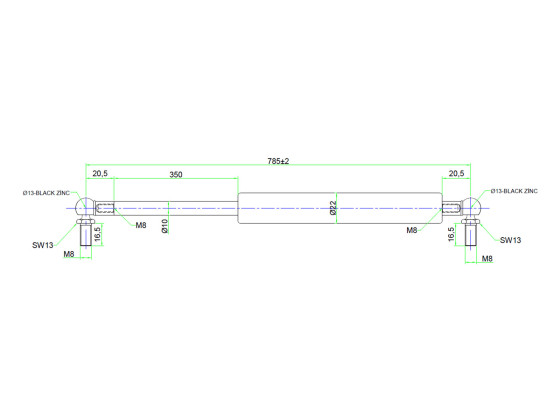 Gassdemper 600N, 785mm m/M8 kule - 1001228 - Tysse Mek. Verksted AS