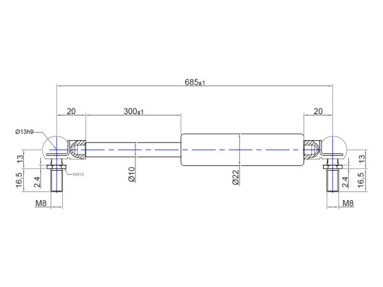 Gasfjeder 600N, 685mm med M8 kugleled