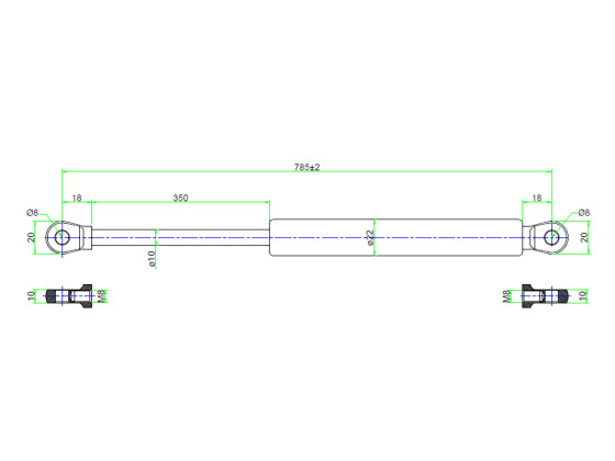 Gasfeder 400N 785mm m. M8 Kugel
