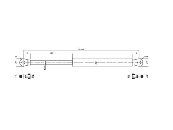 Gasfeder 600N 785mm m. M8-Auge - 1001057