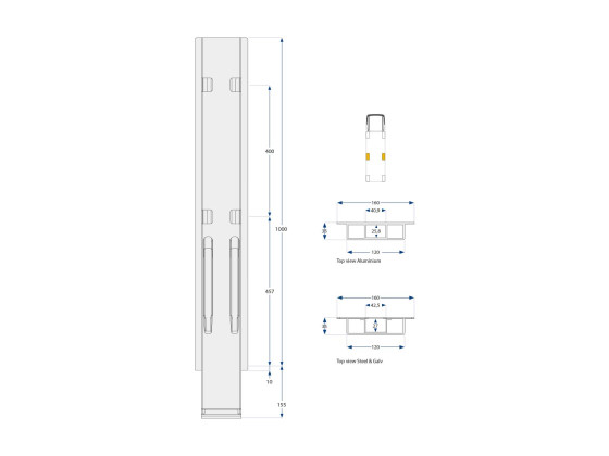 Sidestolpe u/top K20 1000 mm - Stålstolpe. Grundet.