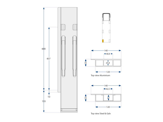 Bagstolpe K20 600mm microgalv BD venstre