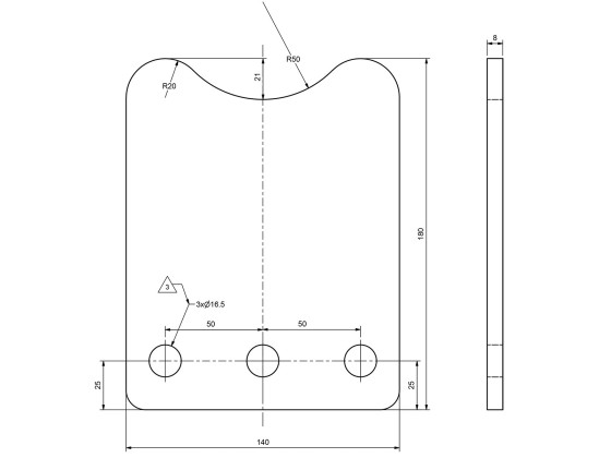 Befestigungsplatte 140x180x8mm 3xø16,5mm roh