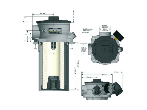 Parker returfilter tankmont GLF21 750mm 250l/min - GLF21 10QI B LP Filter BEVOLA  - Tilslutning 2x1½" BSP  - Med luftfilter - Funnel length 750mm