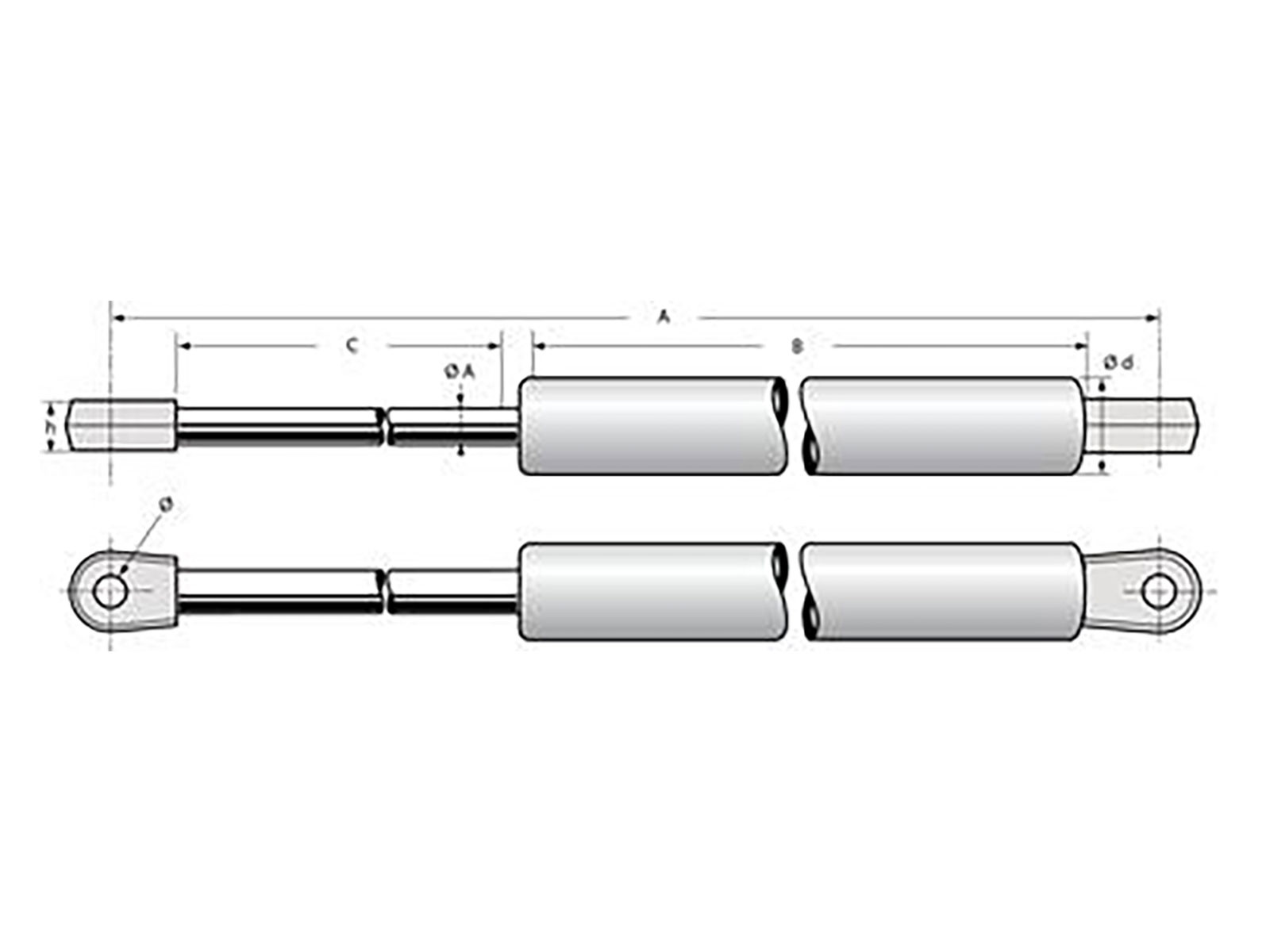 Pommier gasfjeder 250N - L: 475 mm  - Øjer med Ø6 mm hul