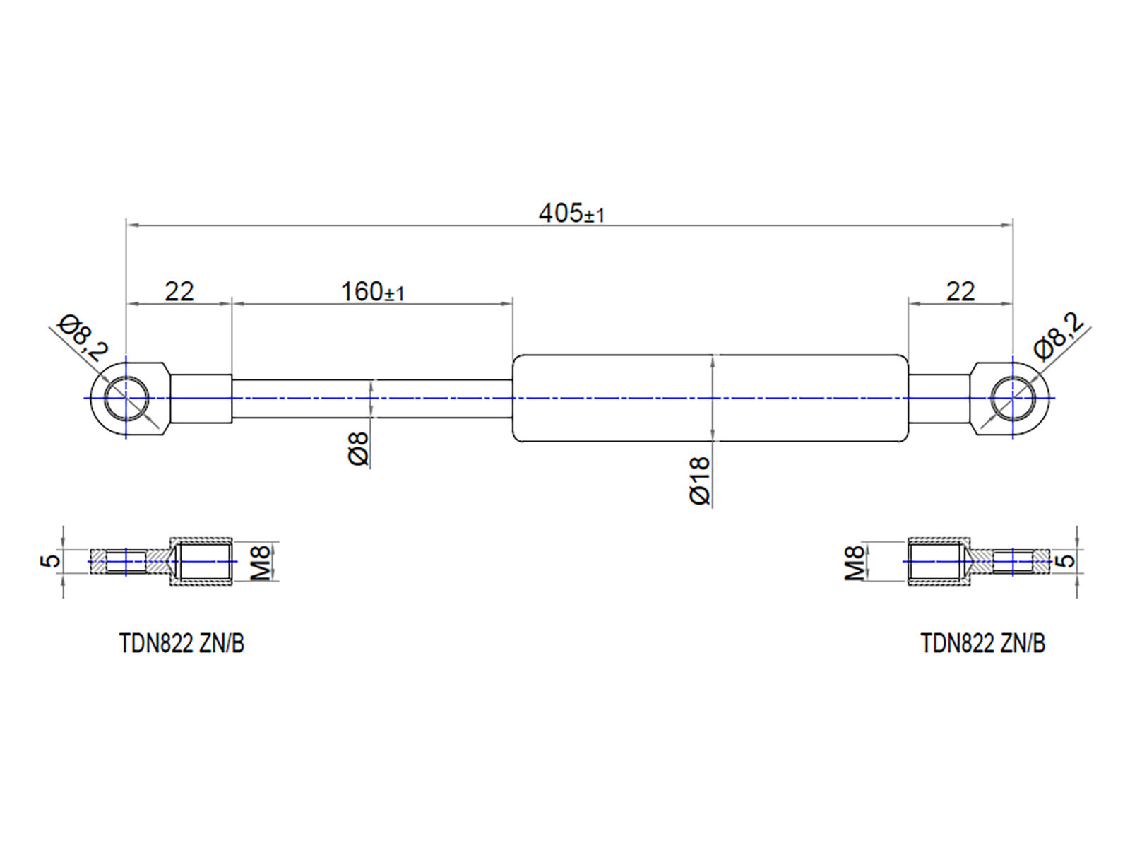 Gasfjeder 200 N, 405/160 mm - med sorte øjer 8,5mm i  begge ender