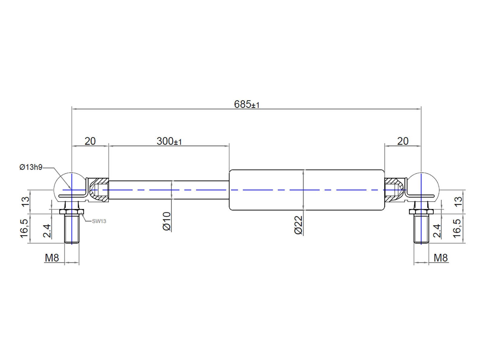Gasfjeder 600N, 685mm med M8 kugleled