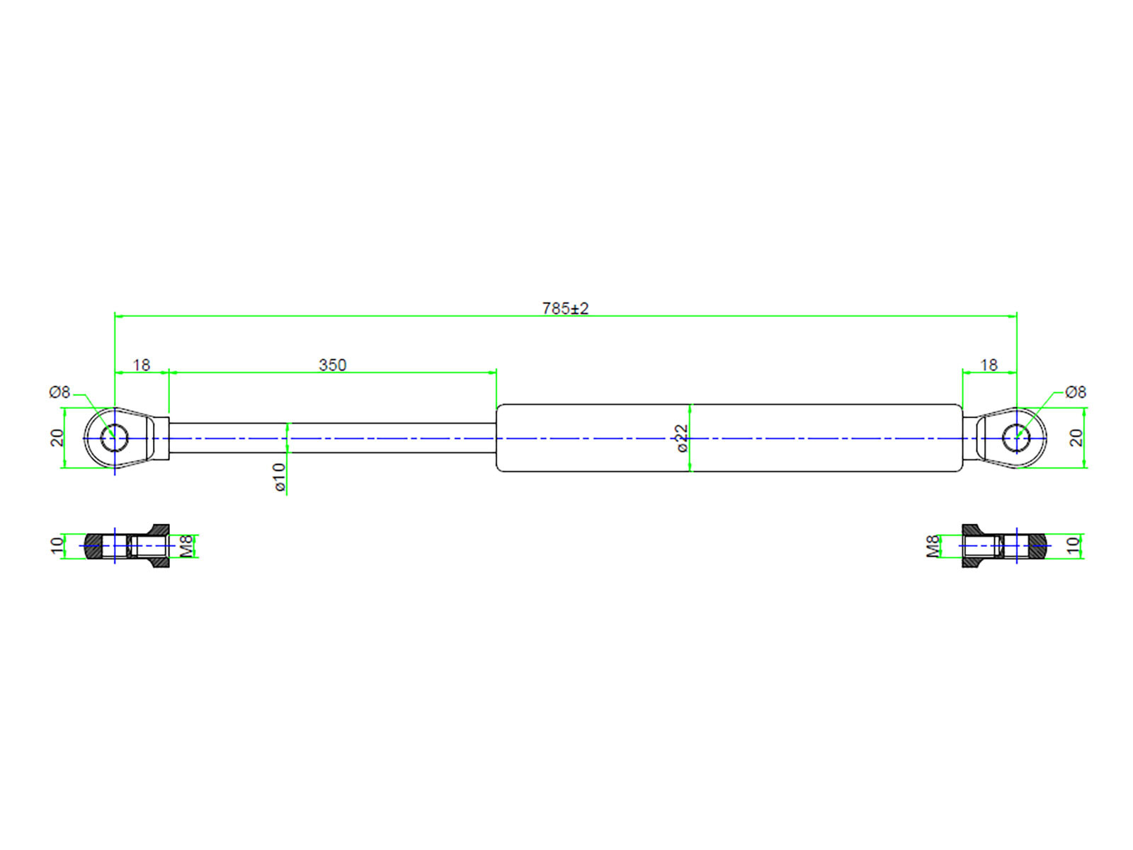 Gasfjeder 400N 785mm m/M8 kugle