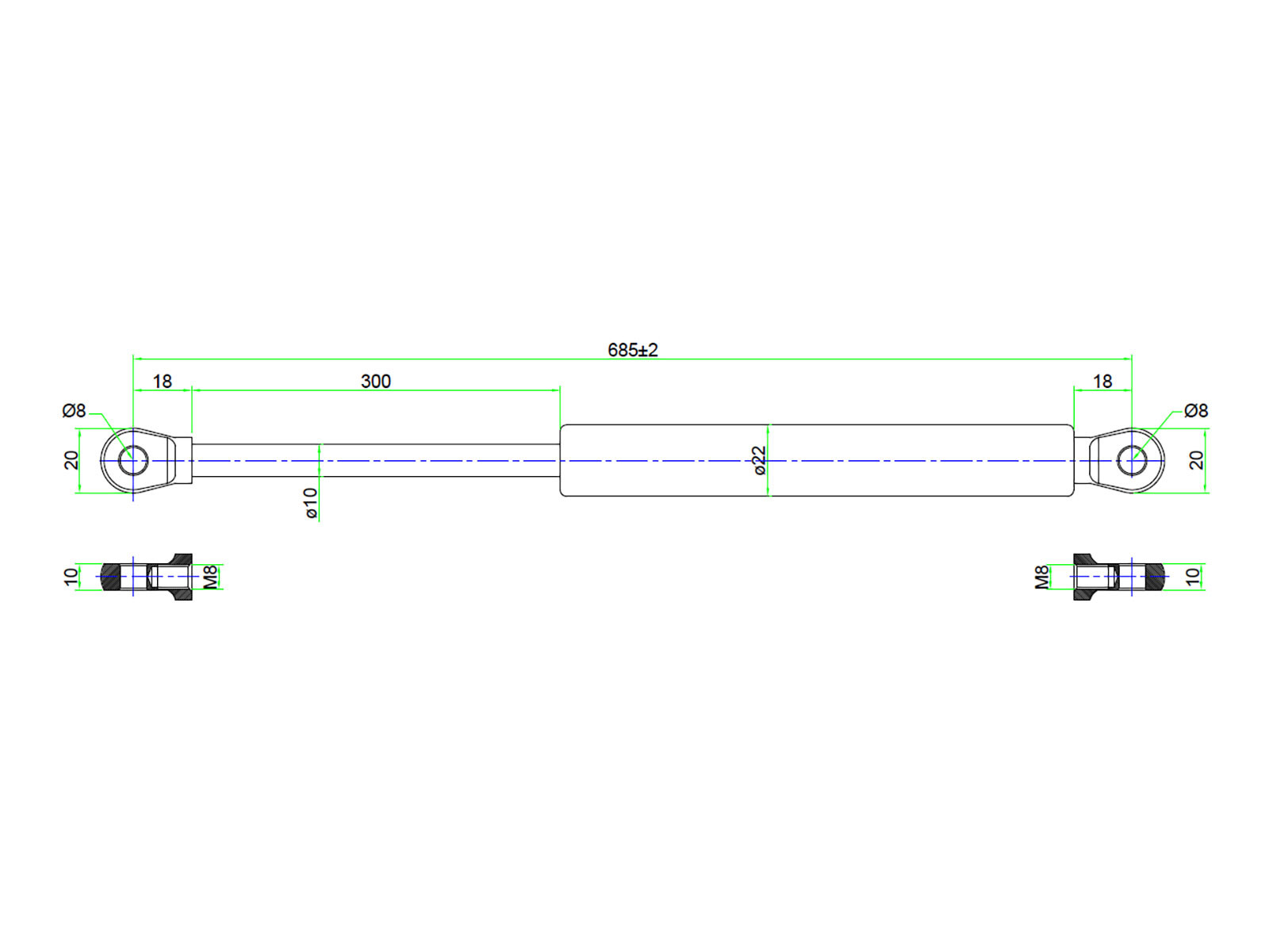 Gassdemper 600N 685mm m/8mm øye - 1001051