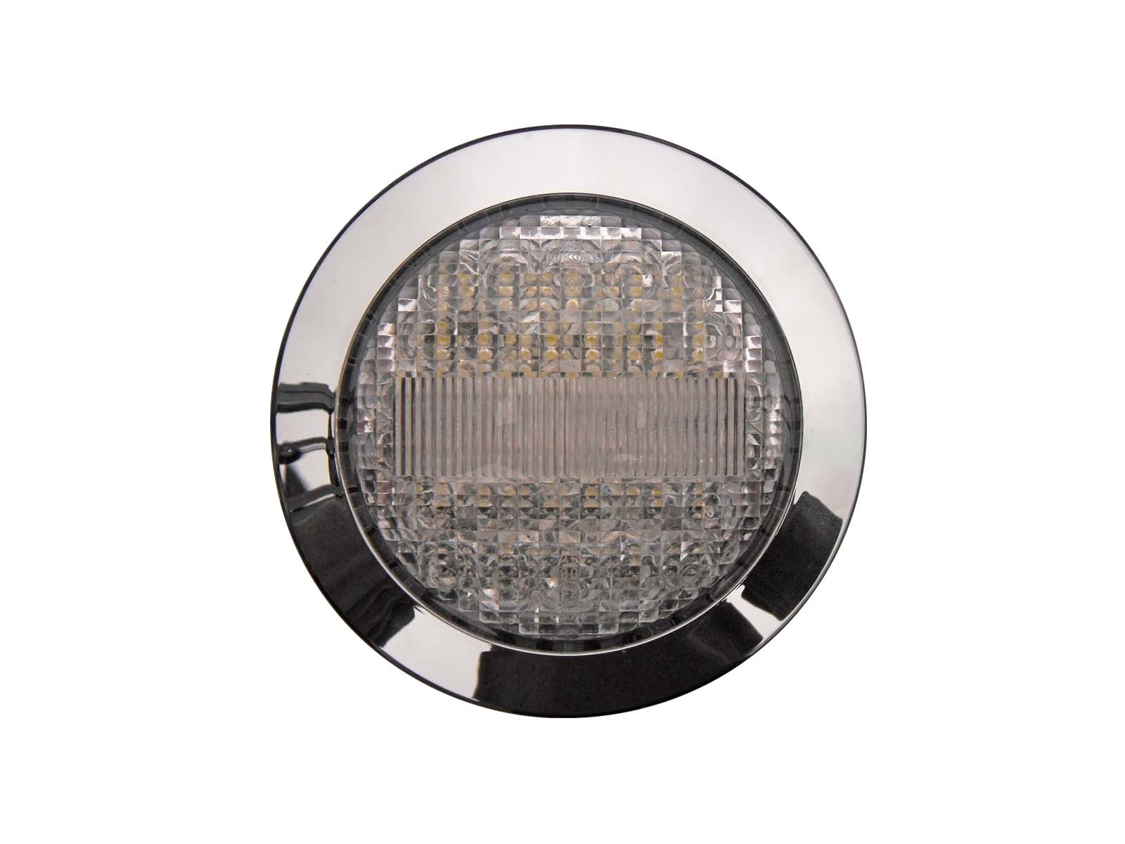 Baklygte LED 24V, m/krom kant, 500mm kabel, Jokon - Typegodkendelse 00 AR - Linse i hvid - Ø155mm, indb Ø114mm - 500mm kabel - IP67 - E2 06016