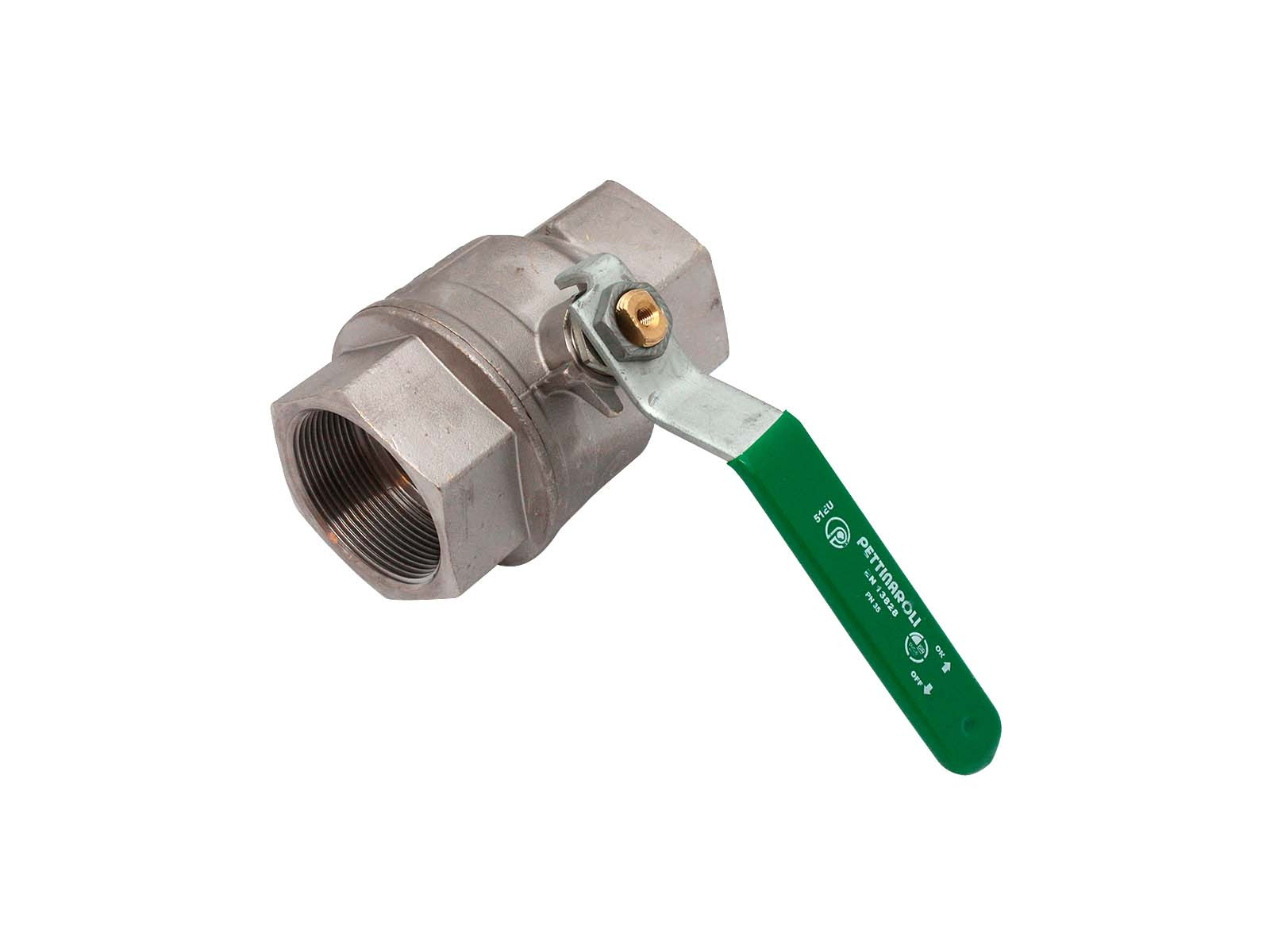 Kraftig kuglehane i messing med fuldt gennemløb. TEA overfladebehandling. Muffe/muffe. Grønt Stålhåndtag.